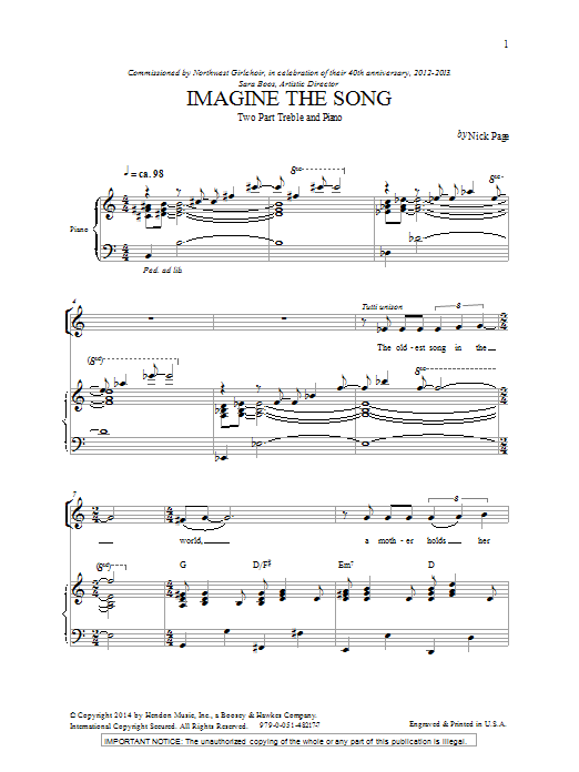 Download Nick Page Imagine The Song Sheet Music and learn how to play 2-Part Choir PDF digital score in minutes