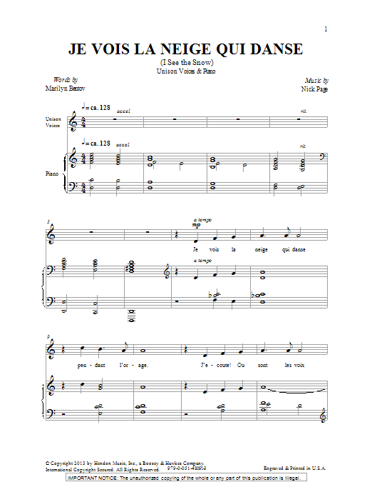 Download Nick Page Je Vois La Neige Qui Danse Sheet Music and learn how to play Unison Choral PDF digital score in minutes