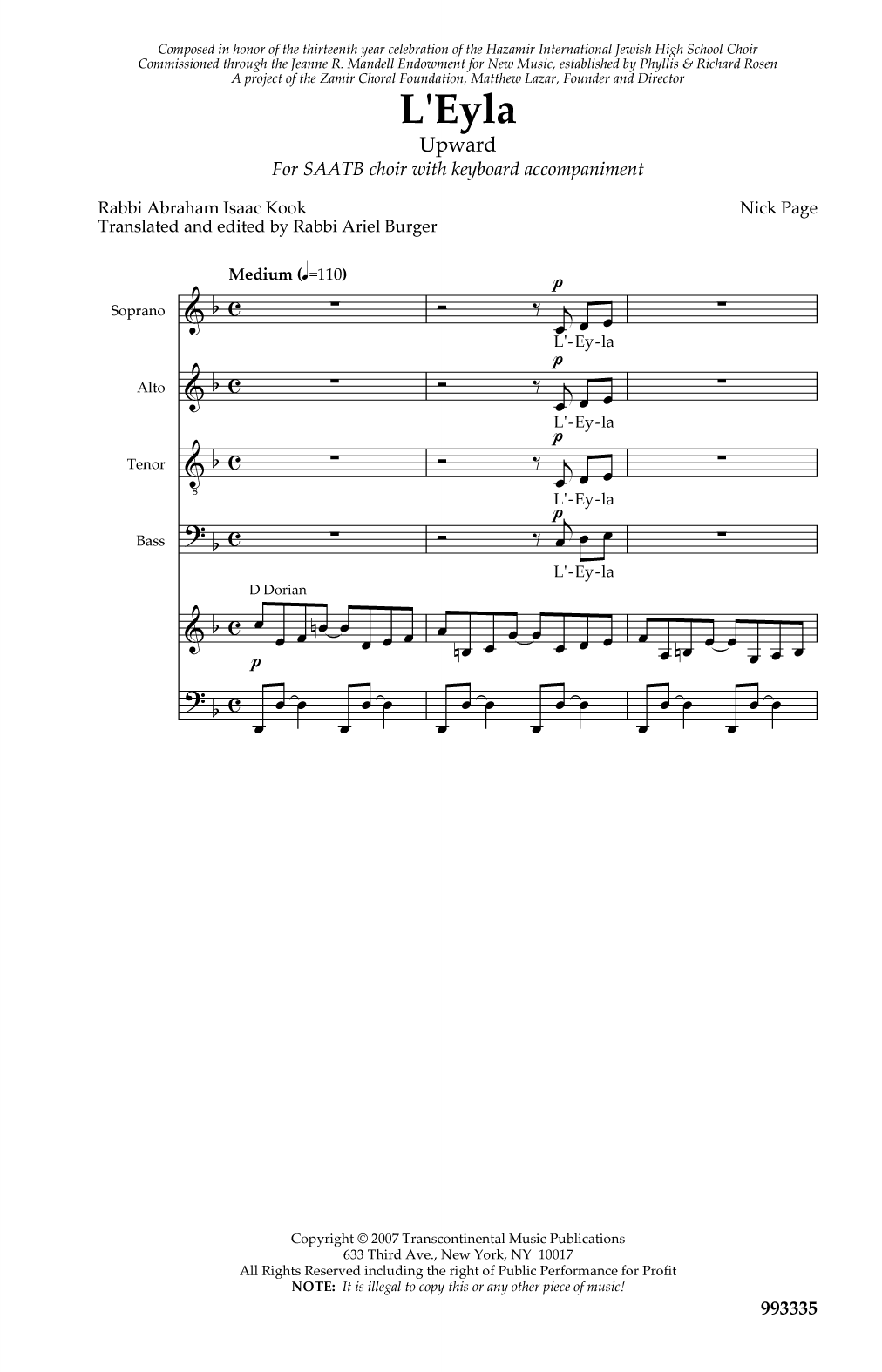 Download Nick Page L'eyla L'eila Ssatb/keyboard Sheet Music and learn how to play SATB Choir PDF digital score in minutes