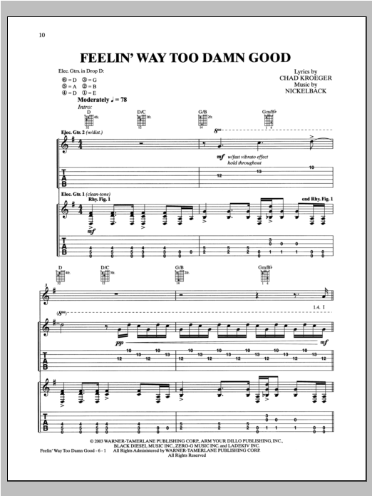 Download Nickelback Feelin' Way Too Damn Good Sheet Music and learn how to play Guitar Tab PDF digital score in minutes