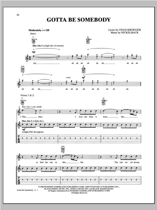 Download Nickelback Gotta Be Somebody Sheet Music and learn how to play Guitar Tab PDF digital score in minutes
