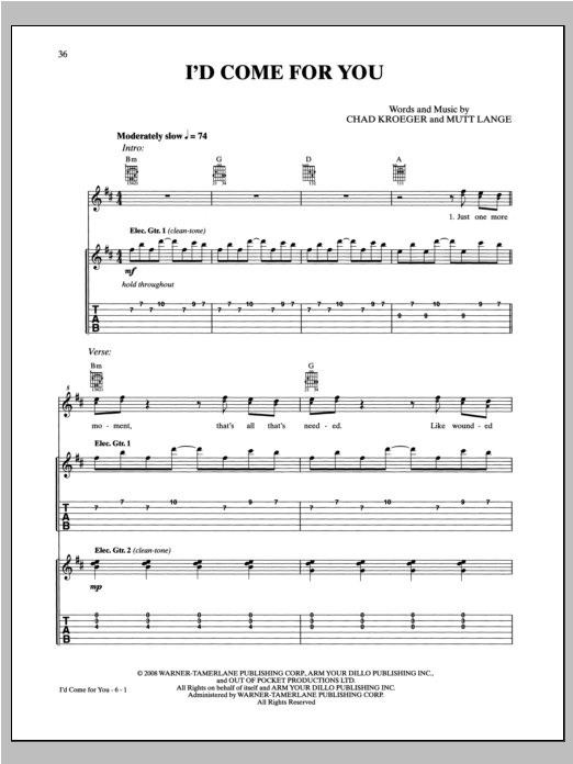 Download Nickelback I'd Come For You Sheet Music and learn how to play Guitar Tab PDF digital score in minutes