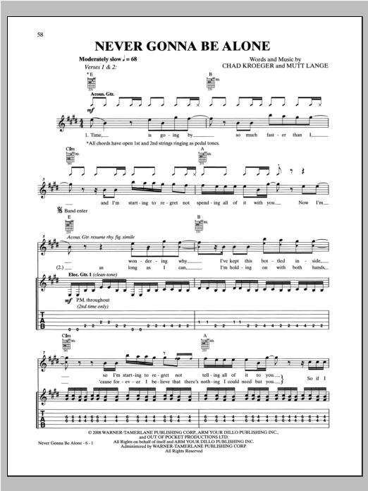 Download Nickelback Never Gonna Be Alone Sheet Music and learn how to play Piano, Vocal & Guitar (Right-Hand Melody) PDF digital score in minutes