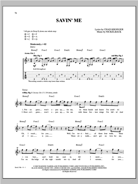 Download Nickelback Savin' Me Sheet Music and learn how to play Guitar Tab PDF digital score in minutes