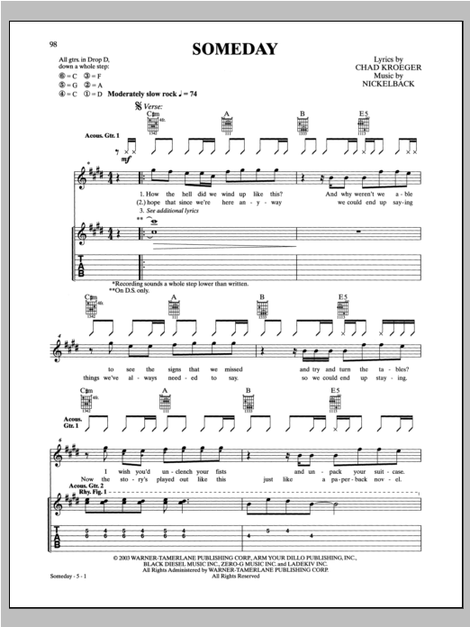 Download Nickelback Someday Sheet Music and learn how to play Guitar Tab PDF digital score in minutes