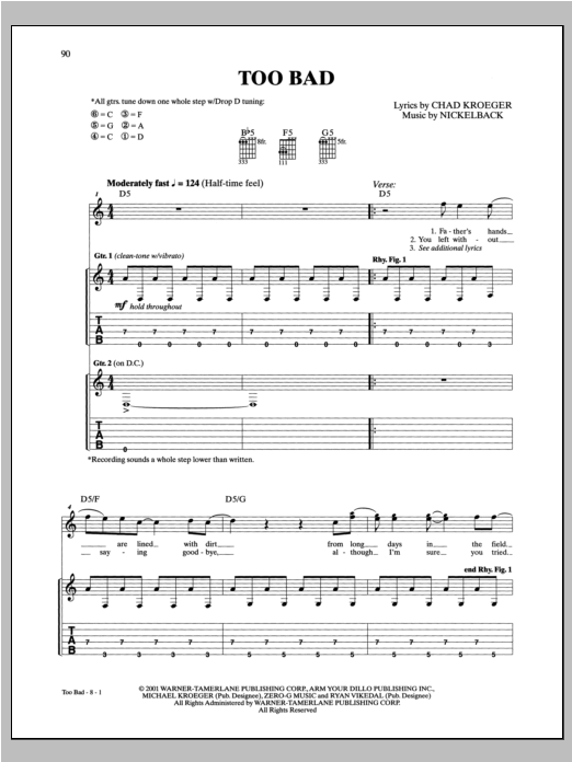 Download Nickelback Too Bad Sheet Music and learn how to play Guitar Tab PDF digital score in minutes