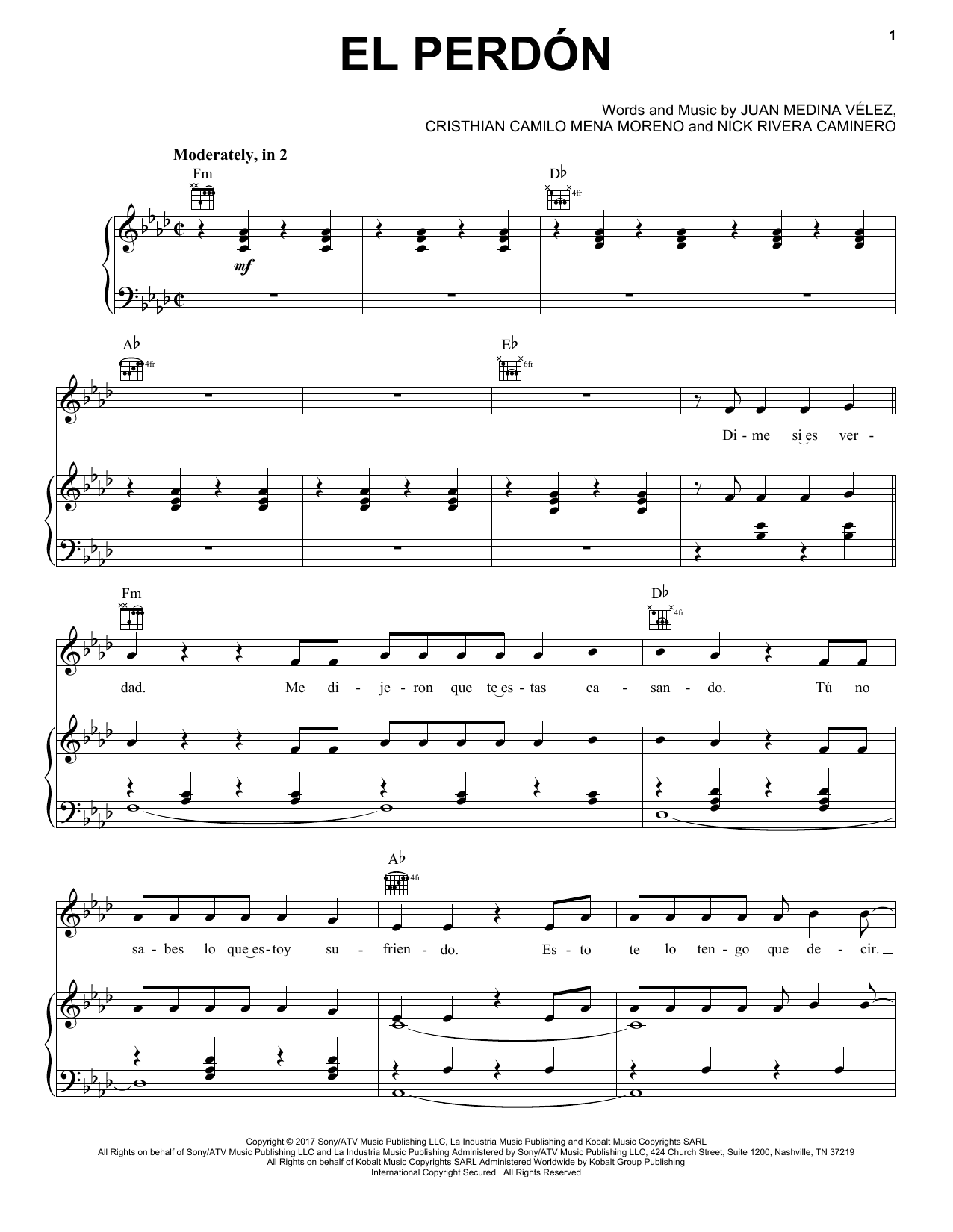 Download Nicky Jam El Perdon (Feat. Inrique Ignlesias) Sheet Music and learn how to play Piano, Vocal & Guitar Chords (Right-Hand Melody) PDF digital score in minutes