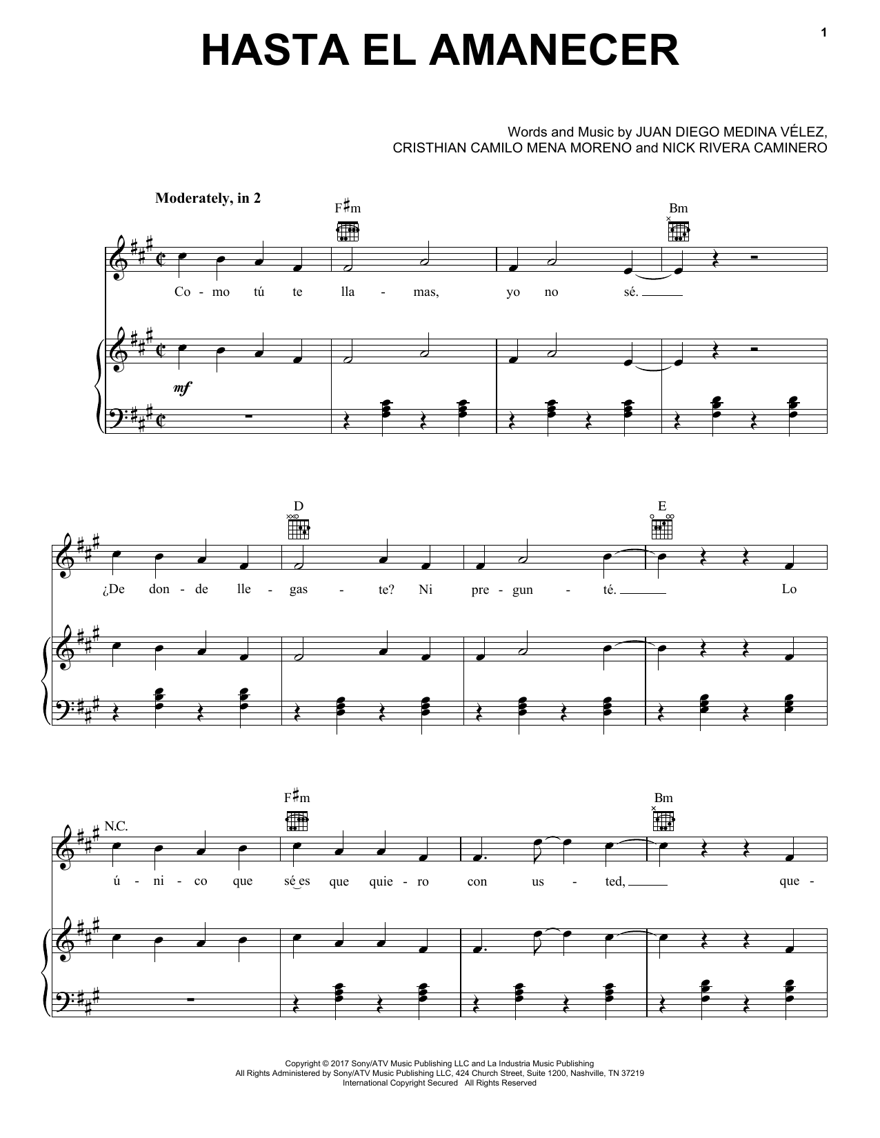 Download Nicky Jam Hasta El Amanecer Sheet Music and learn how to play Piano, Vocal & Guitar Chords (Right-Hand Melody) PDF digital score in minutes