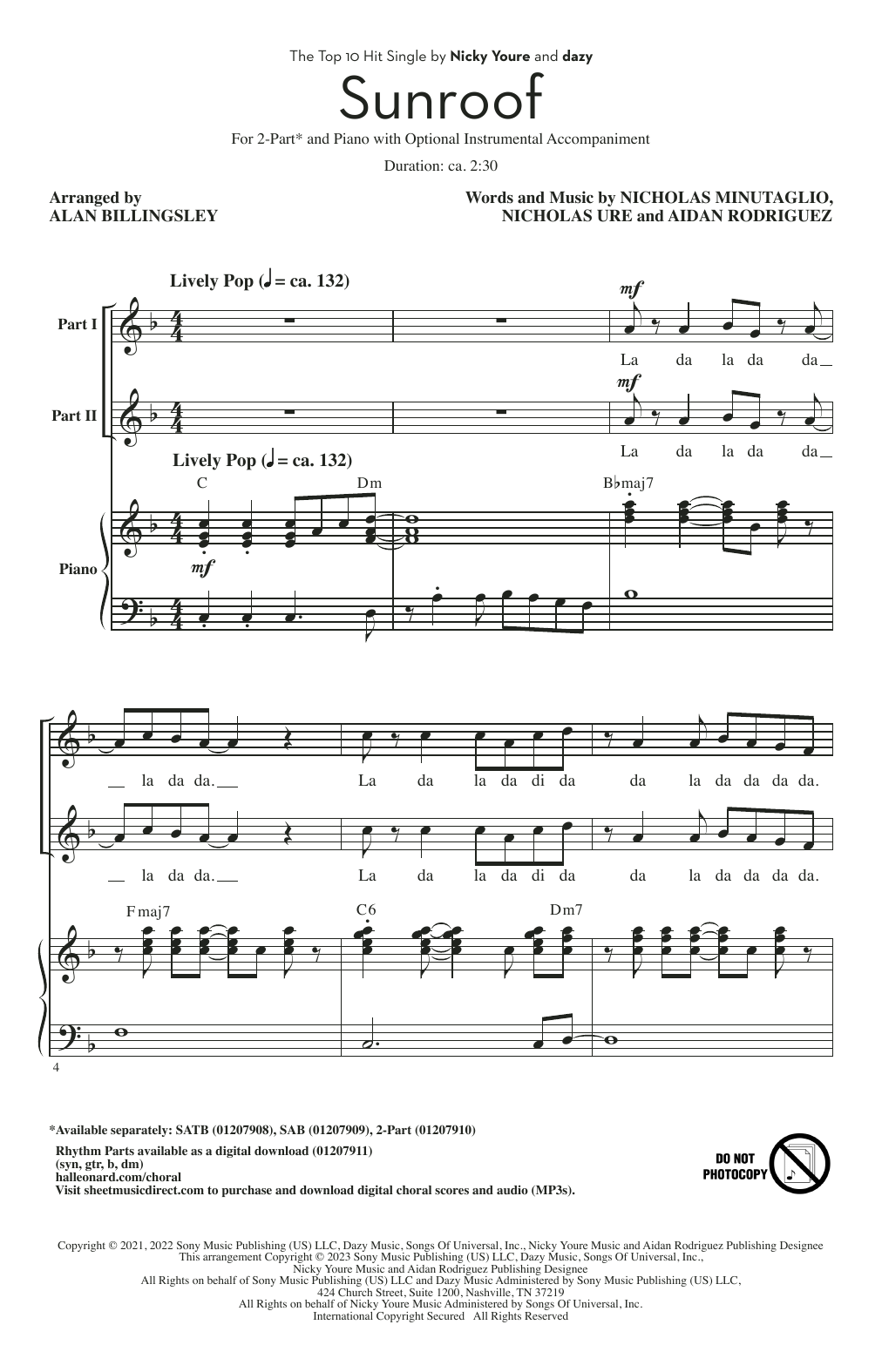 Download Nicky Youre & dazy Sunroof (arr. Alan Billingsley) Sheet Music and learn how to play 2-Part Choir PDF digital score in minutes