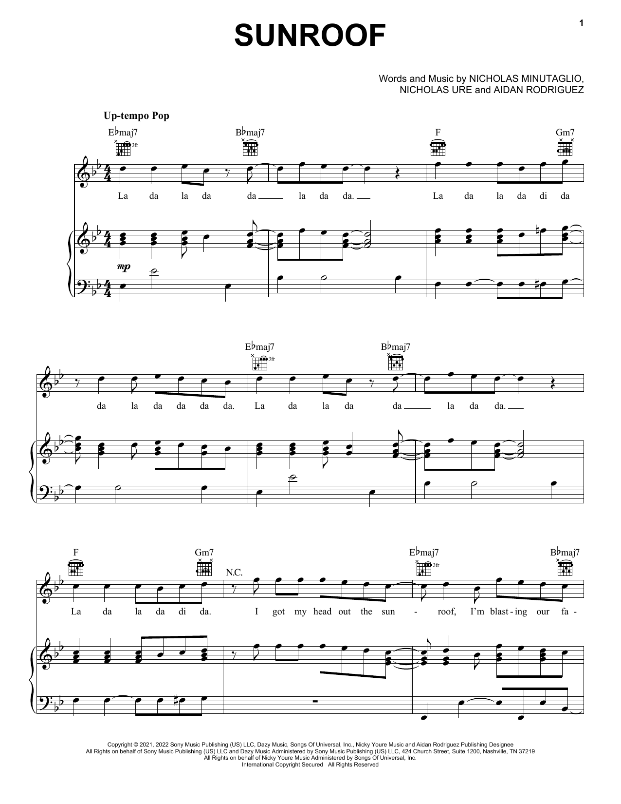 Download Nicky Youre & dazy Sunroof Sheet Music and learn how to play Piano, Vocal & Guitar Chords (Right-Hand Melody) PDF digital score in minutes