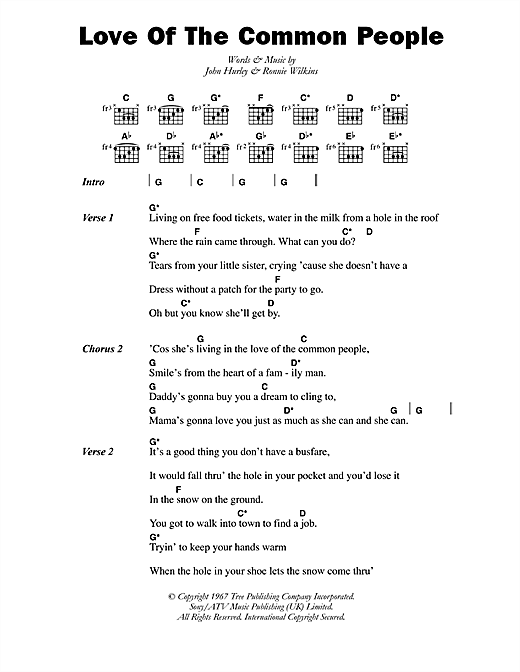 Download Nicky Thomas Love Of The Common People Sheet Music and learn how to play Lyrics & Chords PDF digital score in minutes