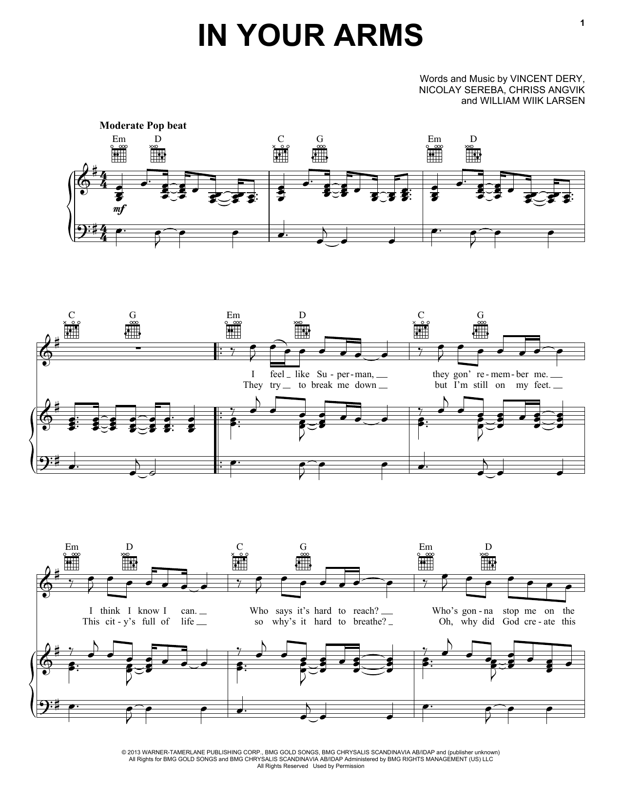 Download Nico & Vinz In Your Arms Sheet Music and learn how to play Piano, Vocal & Guitar (Right-Hand Melody) PDF digital score in minutes