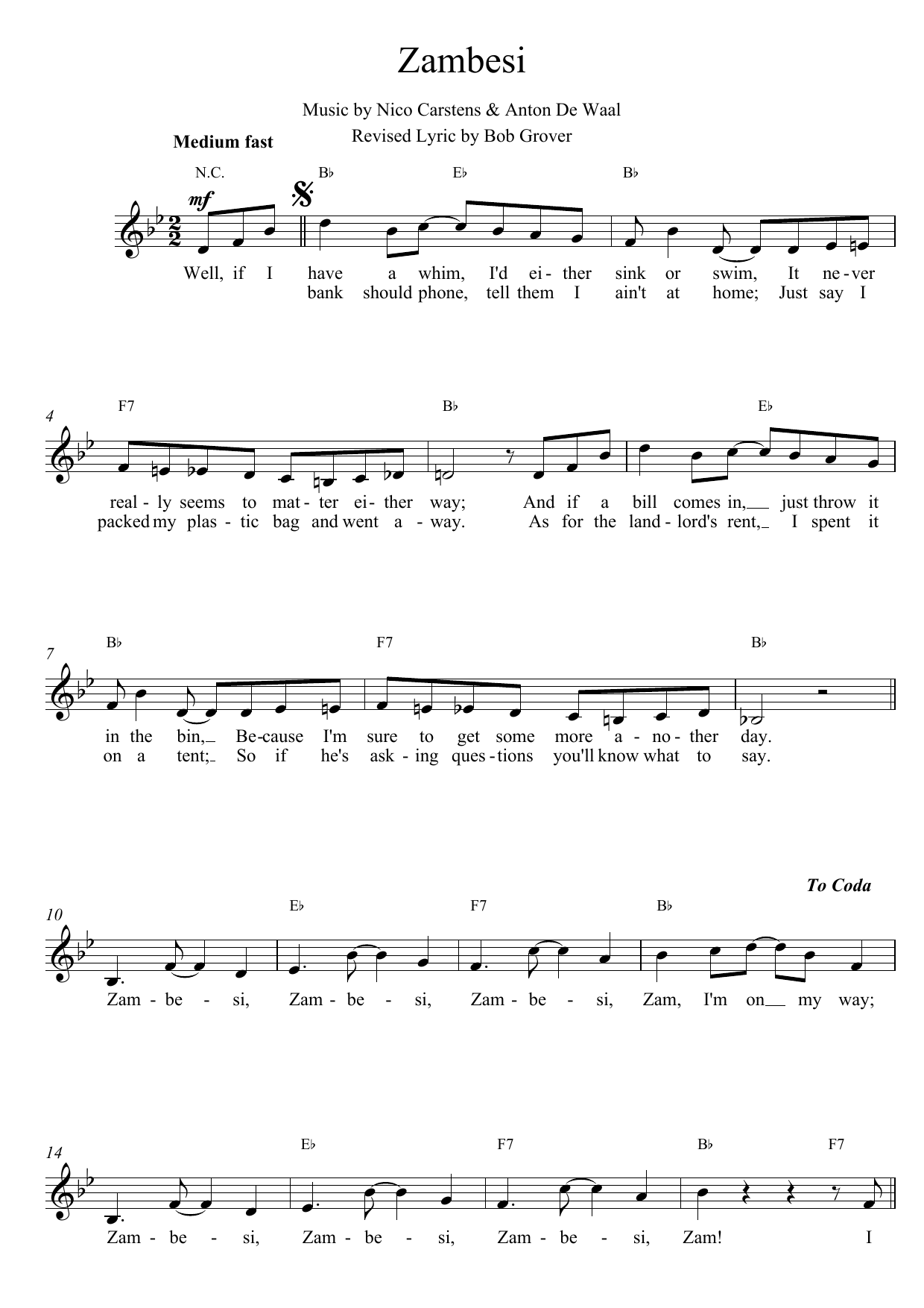 Download Nico Carstens Zambesi Sheet Music and learn how to play Melody Line, Lyrics & Chords PDF digital score in minutes