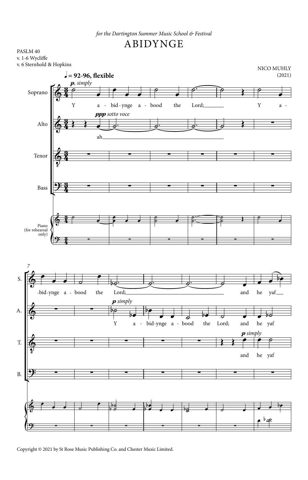 Download Nico Muhly Abidynge Sheet Music and learn how to play SATB Choir PDF digital score in minutes