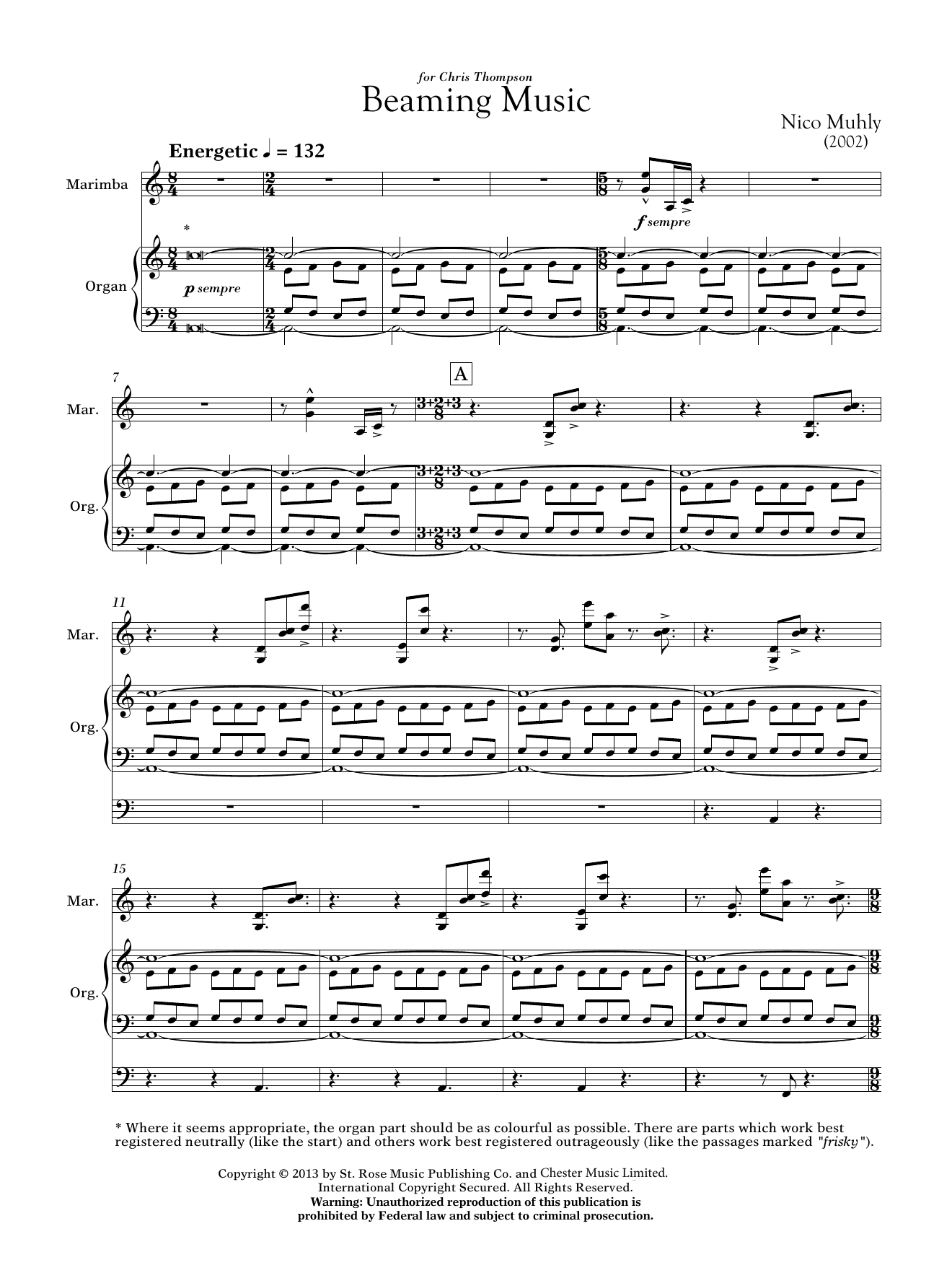 Download Nico Muhly Beaming Music (for Marimba & Organ) Sheet Music and learn how to play Marimba PDF digital score in minutes