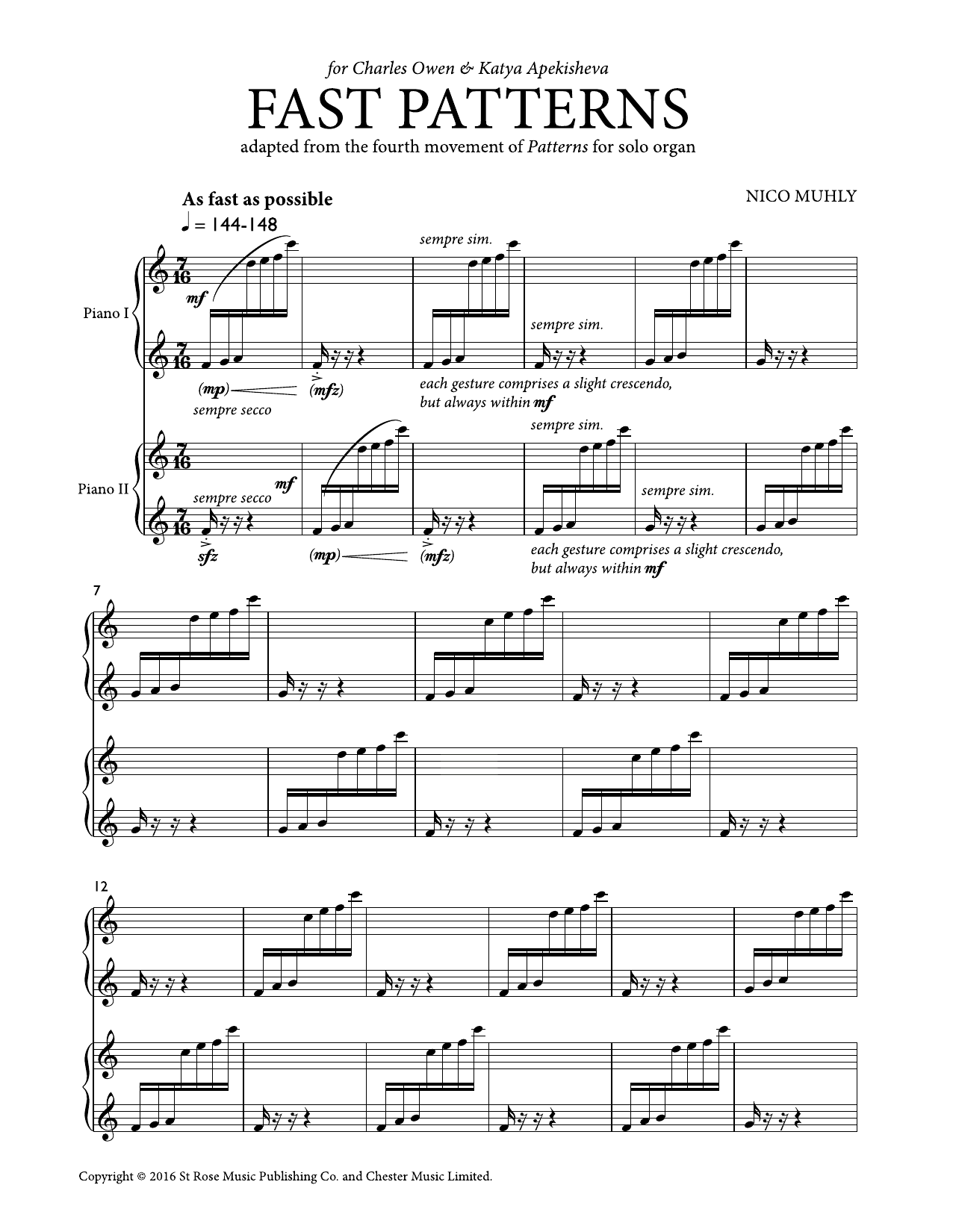 Download Nico Muhly Fast Patterns Sheet Music and learn how to play Piano Duet PDF digital score in minutes
