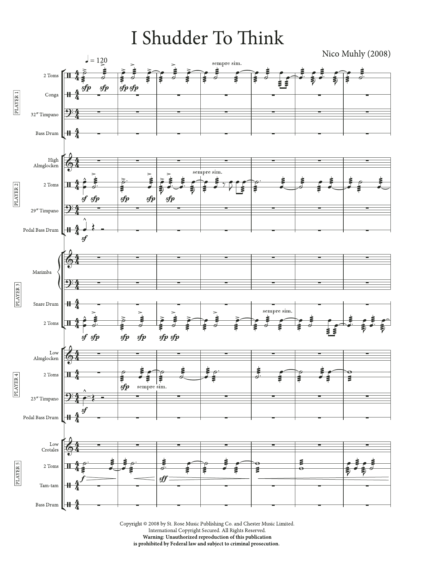 Download Nico Muhly I Shudder To Think (Score and Parts) Sheet Music and learn how to play Percussion Ensemble PDF digital score in minutes