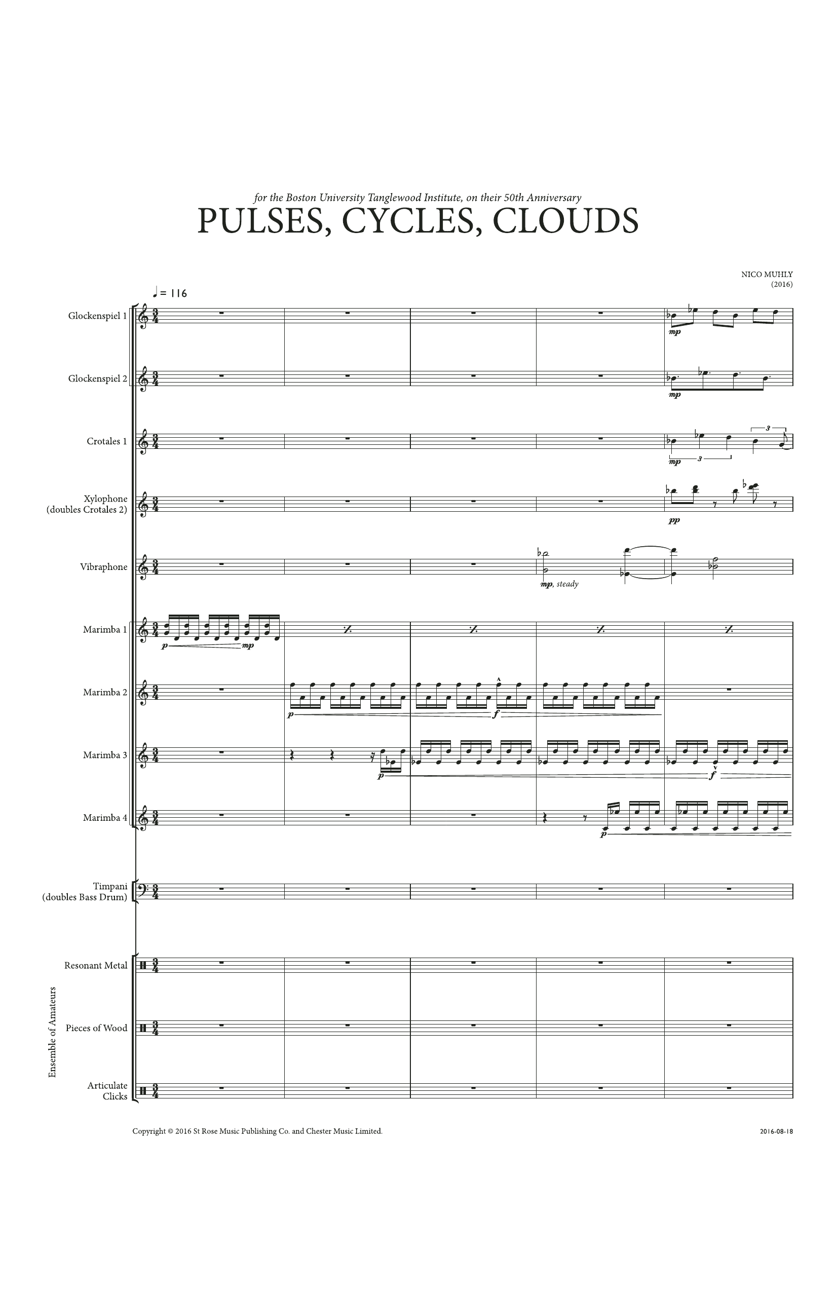 Download Nico Muhly Pulses, Cycles, Clouds (Score) Sheet Music and learn how to play Percussion Ensemble PDF digital score in minutes