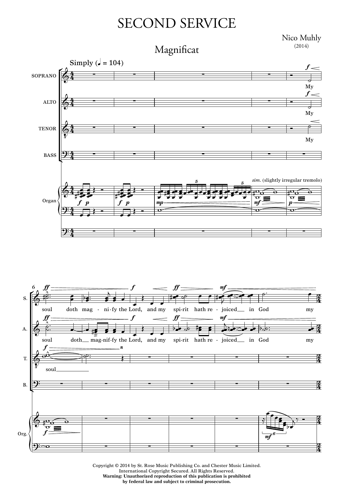 Download Nico Muhly Second Service (Magnificat and Nunc Dimittis) Sheet Music and learn how to play SATB Choir PDF digital score in minutes