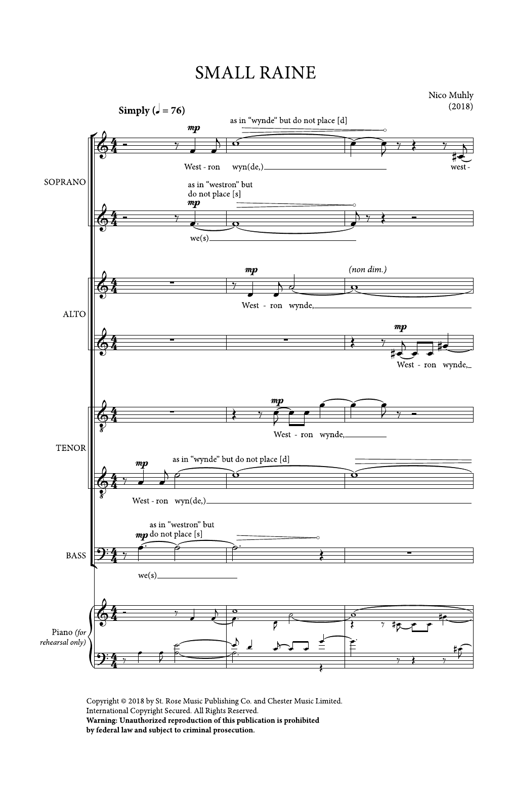Download Nico Muhly Small Raine Sheet Music and learn how to play SATB Choir PDF digital score in minutes