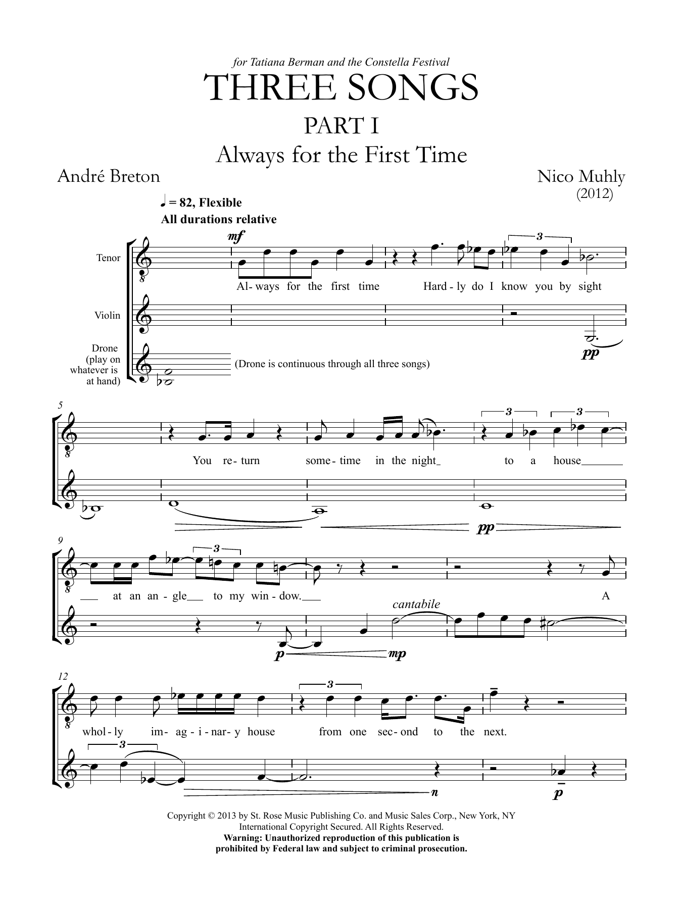 Download Nico Muhly Three Songs for Tenor, Violin and Drone Sheet Music and learn how to play Violin Solo PDF digital score in minutes
