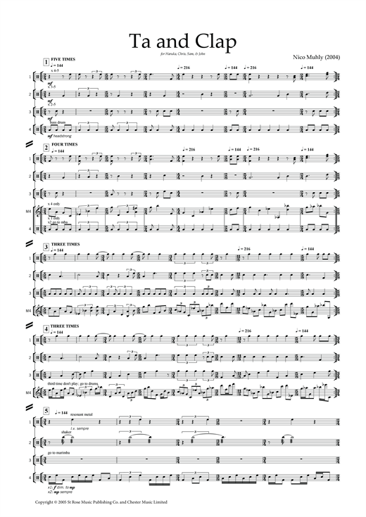 Download Nico Muhly Ta and Clap (for percussion ensemble) Sheet Music and learn how to play Percussion PDF digital score in minutes