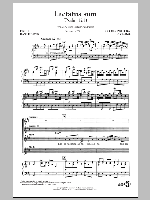 Download Nicola Porpora Laetatus Sum (Psalm 121) Sheet Music and learn how to play SSA PDF digital score in minutes