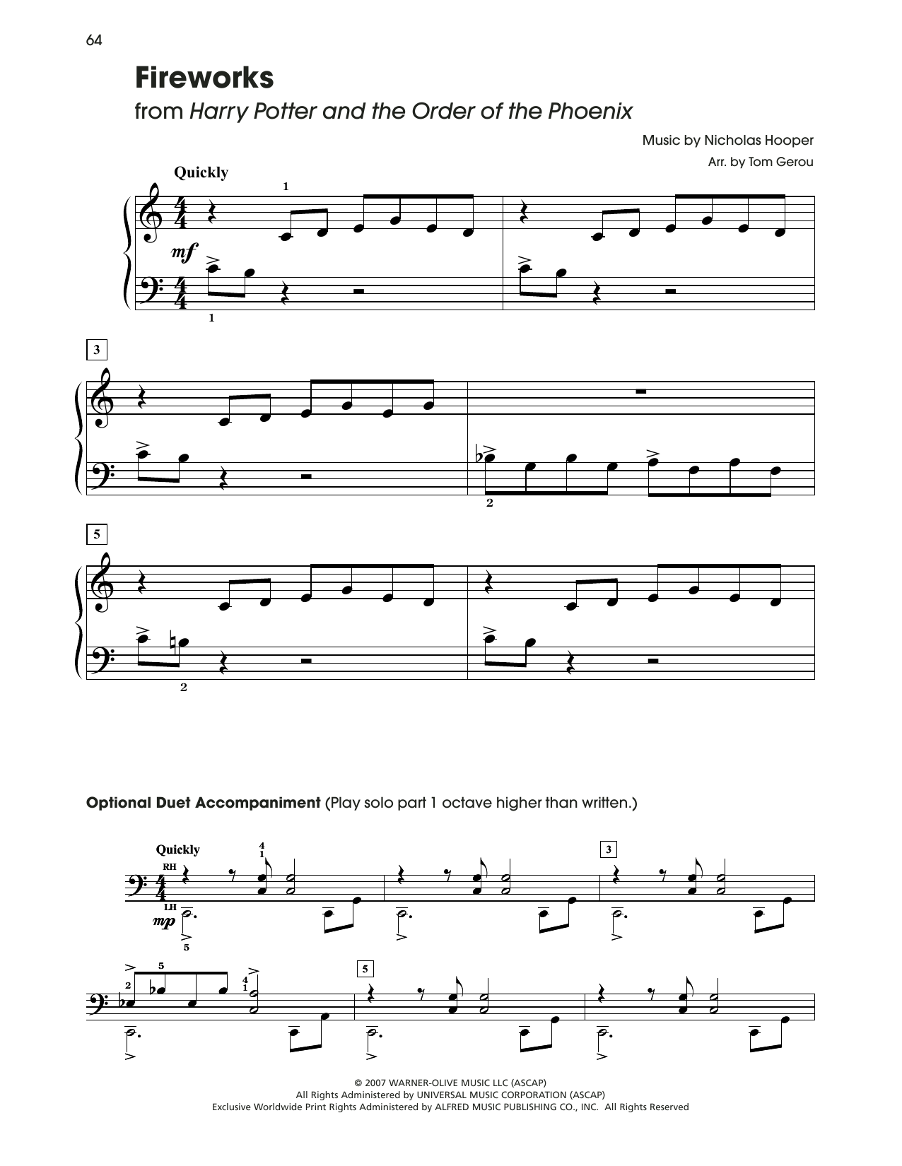 Download Nicolas Hooper Fireworks (from Harry Potter) (arr. Tom Gerou) Sheet Music and learn how to play 5-Finger Piano PDF digital score in minutes
