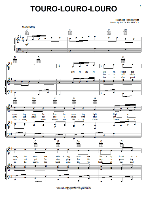 Download Nicolas Saboly Touro-Louro-Louro Sheet Music and learn how to play Piano, Vocal & Guitar (Right-Hand Melody) PDF digital score in minutes