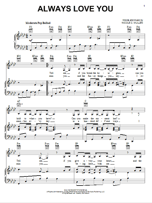 Download Nicole C. Mullen Always Love You Sheet Music and learn how to play Piano, Vocal & Guitar (Right-Hand Melody) PDF digital score in minutes