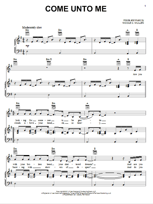 Download Nicole C. Mullen Come Unto Me Sheet Music and learn how to play Piano, Vocal & Guitar (Right-Hand Melody) PDF digital score in minutes