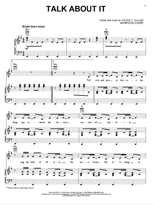 Download Nicole C. Mullen Talk About It Sheet Music and learn how to play Piano, Vocal & Guitar (Right-Hand Melody) PDF digital score in minutes