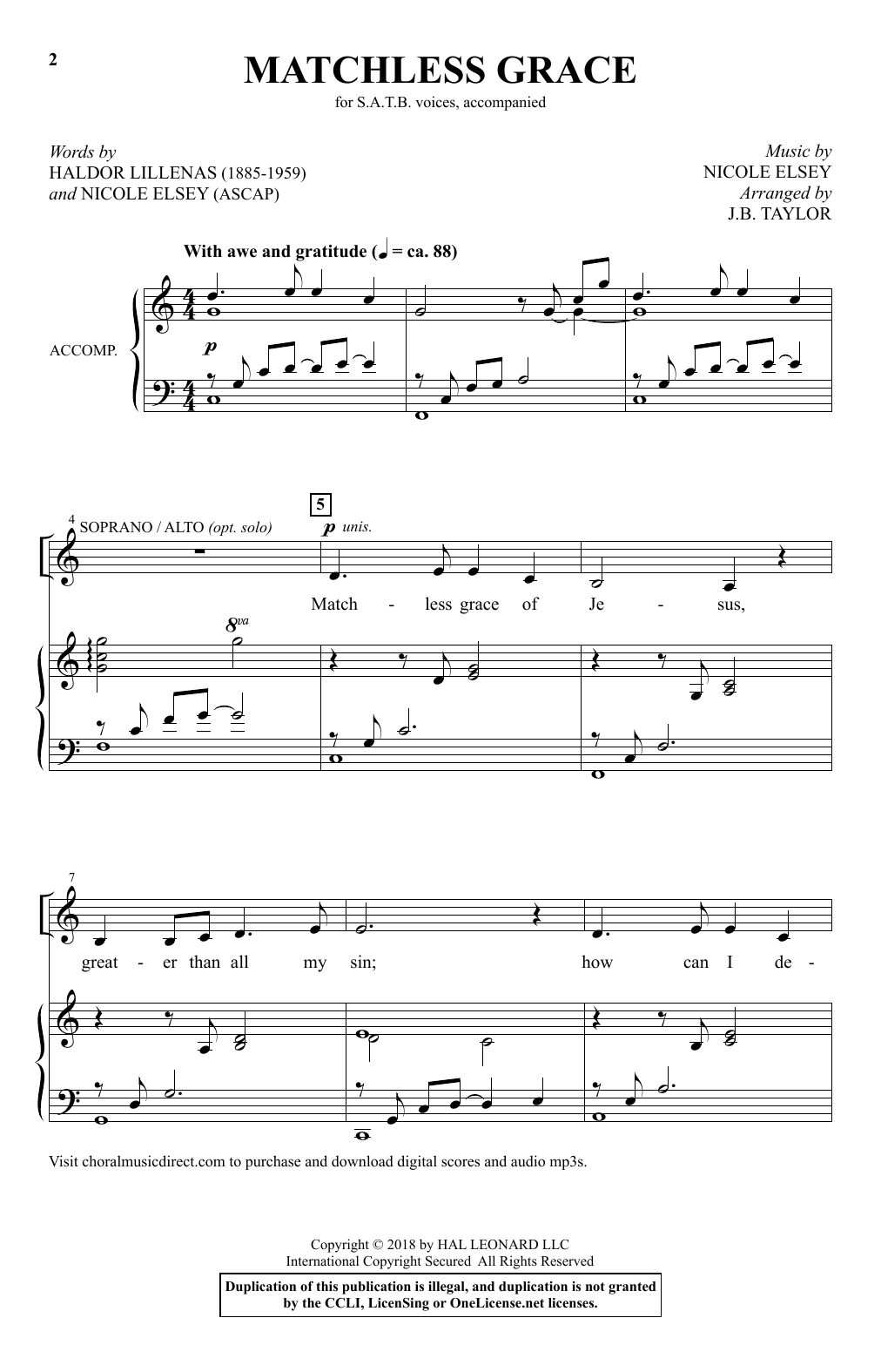 Download Nicole Elsey Matchless Grace (arr. J.B. Taylor) Sheet Music and learn how to play SATB Choir PDF digital score in minutes