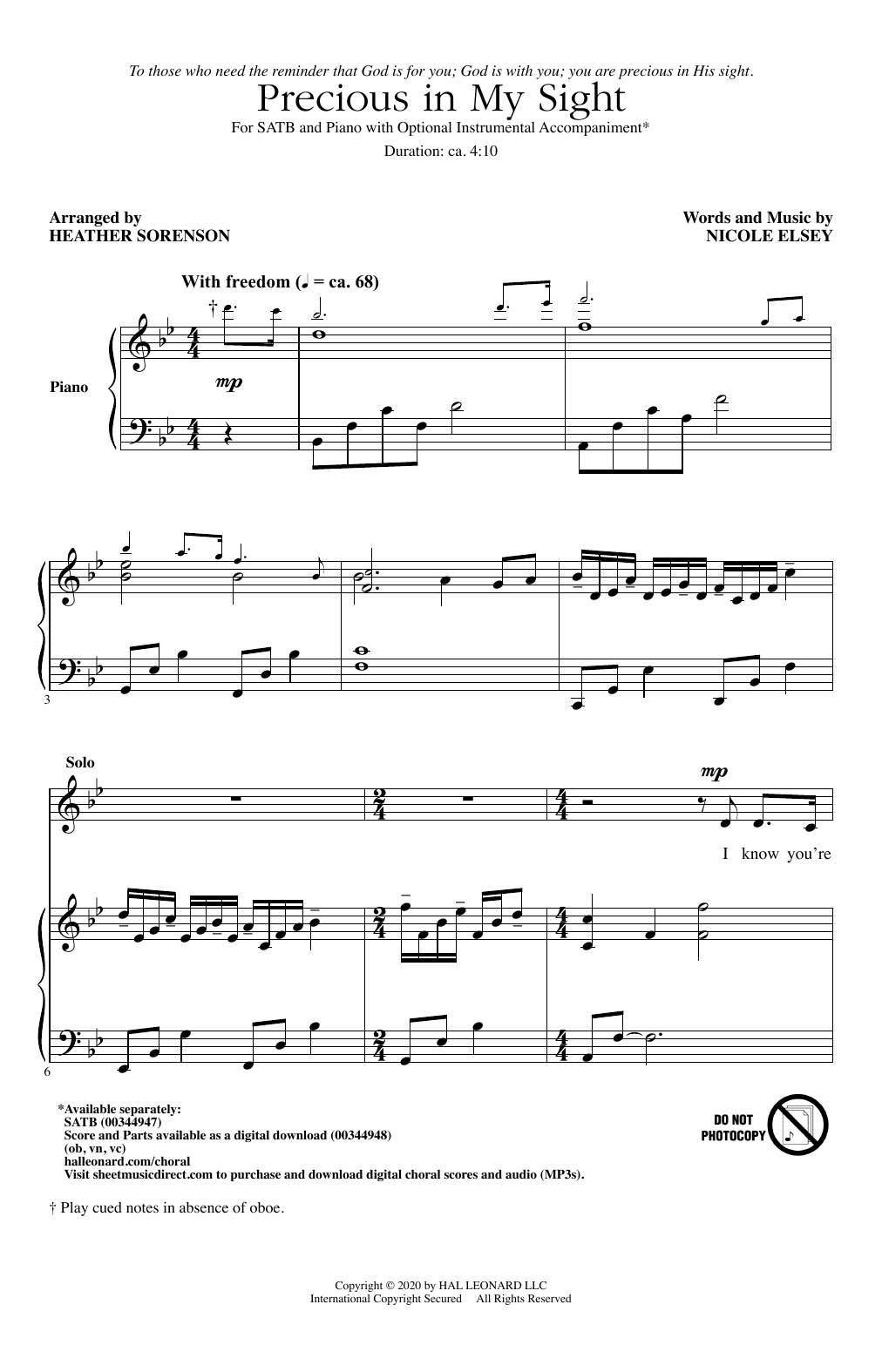 Download Nicole Elsey Precious In My Sight (arr. Heather Sorenson) Sheet Music and learn how to play SATB Choir PDF digital score in minutes