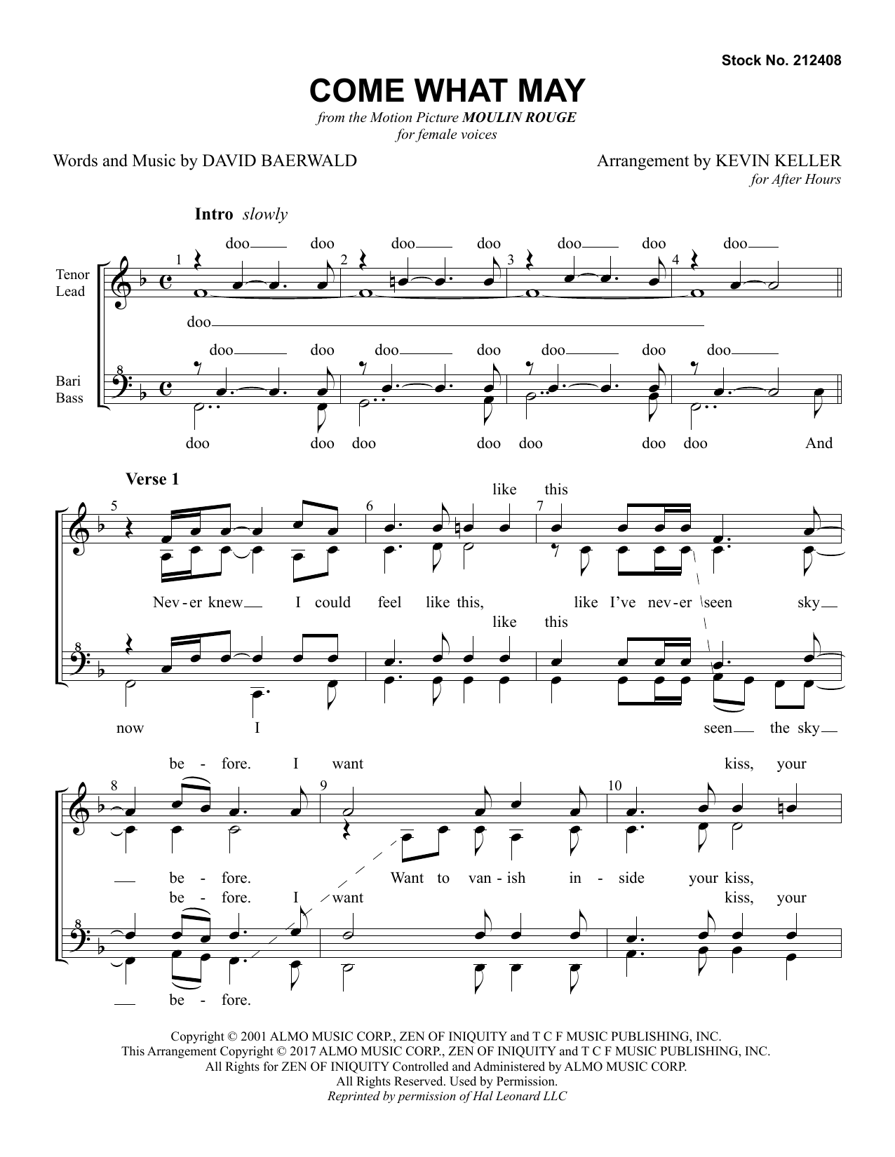 Download Nicole Kidman & Ewan McGregor Come What May (from Moulin Rouge) (arr. Kevin Keller) Sheet Music and learn how to play TTBB Choir PDF digital score in minutes