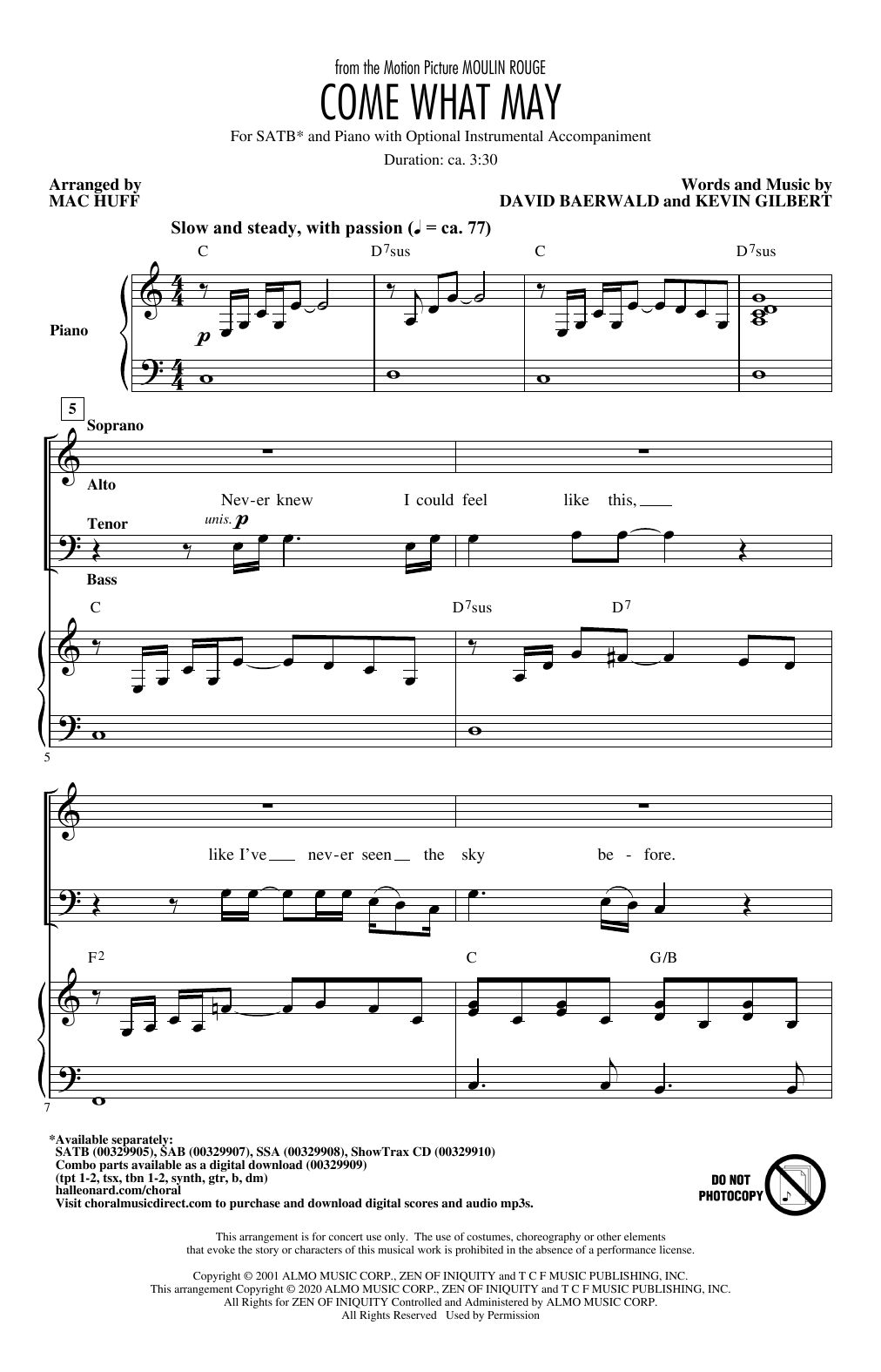 Download Nicole Kidman & Ewan McGregor Come What May (from Moulin Rouge) (arr. Mac Huff) Sheet Music and learn how to play SATB Choir PDF digital score in minutes