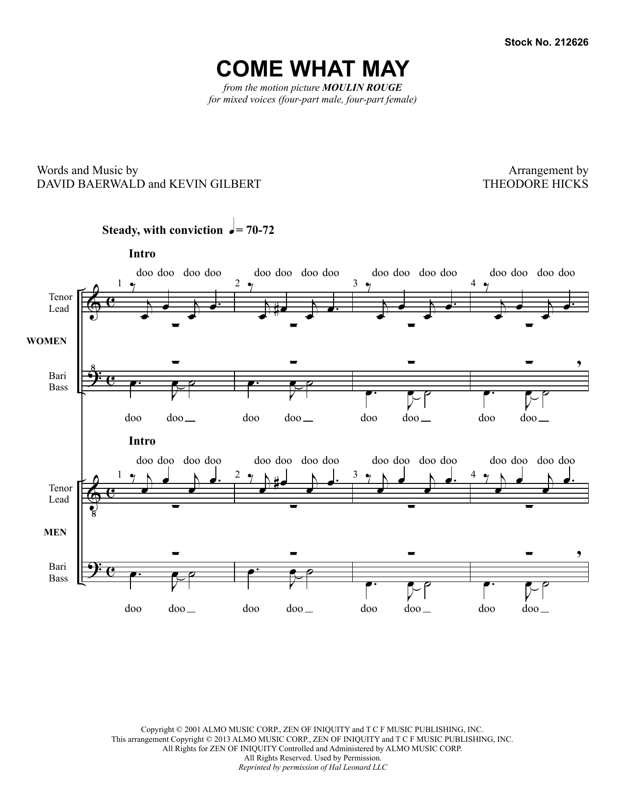 Download Nicole Kidman & Ewan McGregor Come What May (from Moulin Rouge) (arr. Theodore Hicks) Sheet Music and learn how to play SSAATTBB Choir PDF digital score in minutes