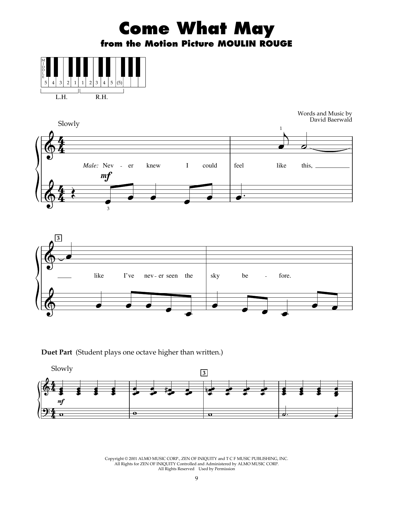 Download Nicole Kidman and Ewan McGregor Come What May (from Moulin Rouge) Sheet Music and learn how to play 5-Finger Piano PDF digital score in minutes