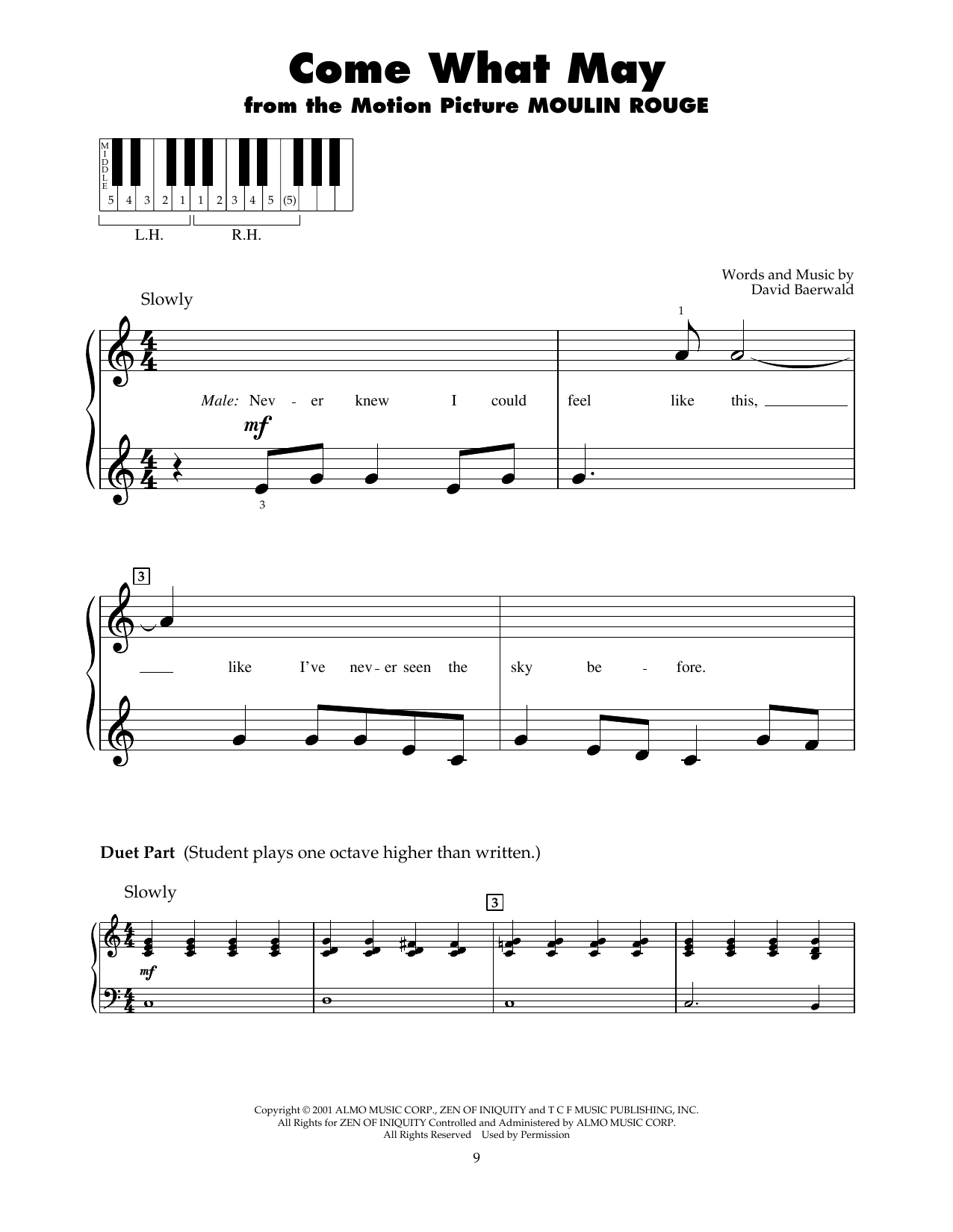 Download Nicole Kidman and Ewan McGregor Come What May (from Moulin Rouge) Sheet Music and learn how to play Really Easy Piano PDF digital score in minutes