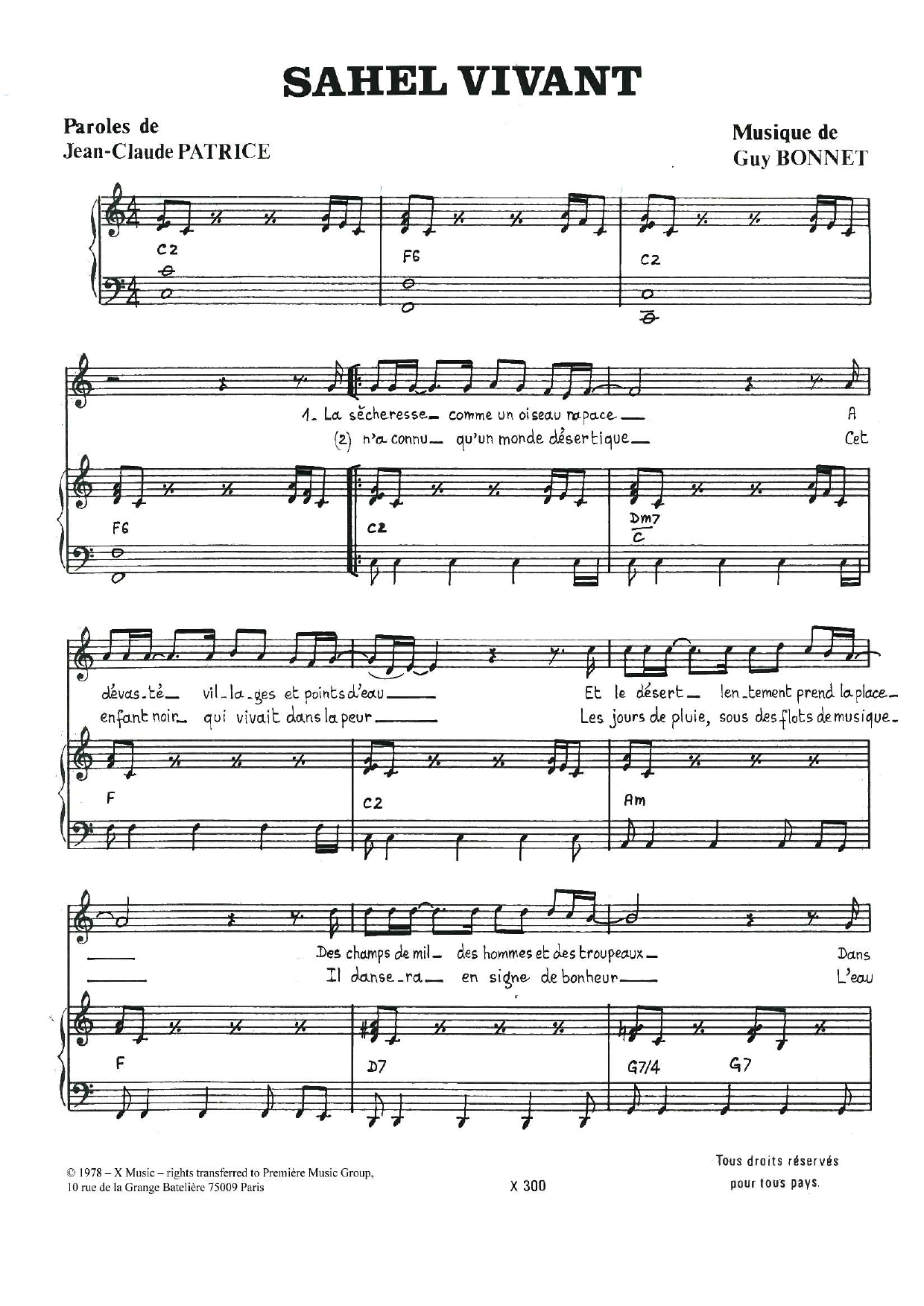 Download Nicole Rieu Sahel Vivant Sheet Music and learn how to play Piano & Vocal PDF digital score in minutes