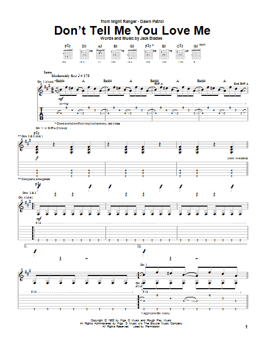 Download Night Ranger Don't Tell Me You Love Me Sheet Music and learn how to play Guitar Lead Sheet PDF digital score in minutes