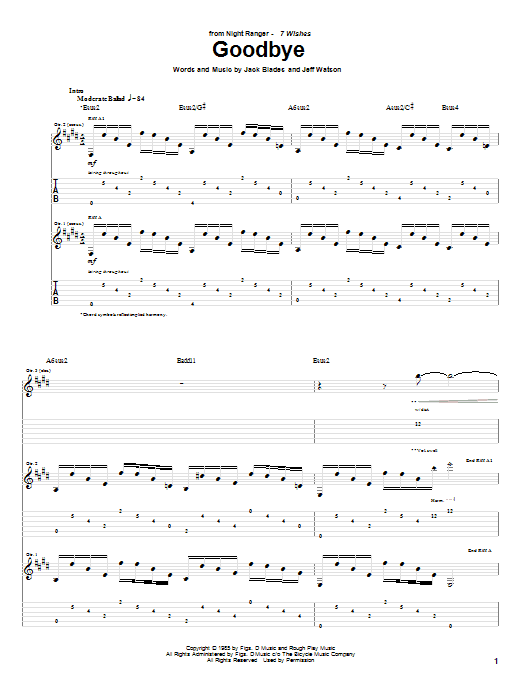 Download Night Ranger Goodbye Sheet Music and learn how to play Guitar Tab PDF digital score in minutes