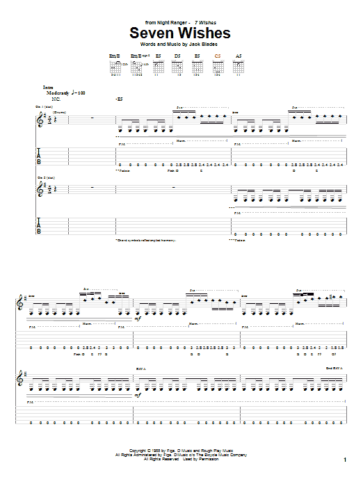 Download Night Ranger Seven Wishes Sheet Music and learn how to play Guitar Tab PDF digital score in minutes