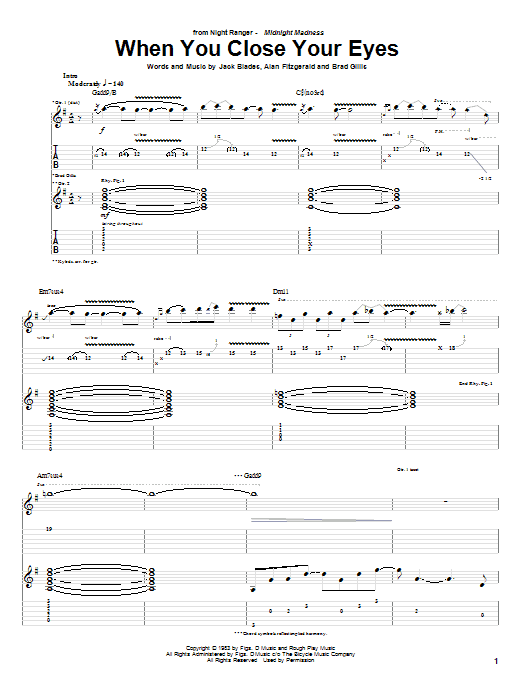 Download Night Ranger When You Close Your Eyes Sheet Music and learn how to play Guitar Tab PDF digital score in minutes