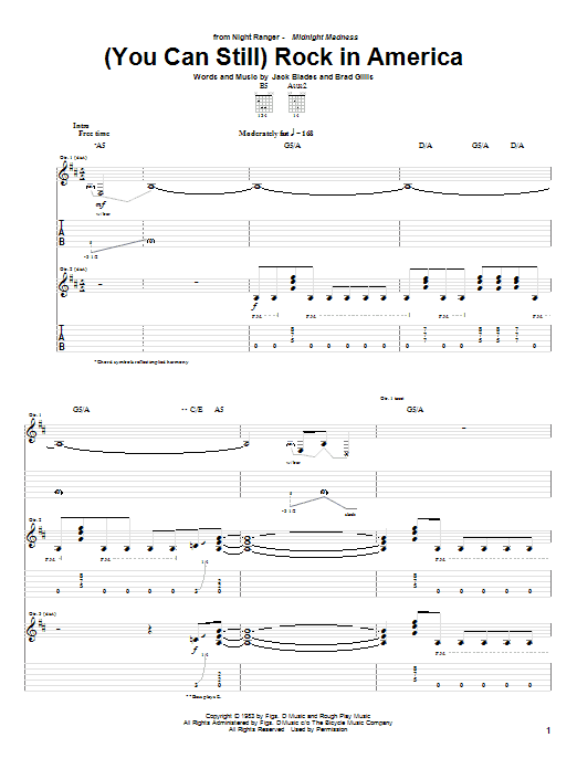 Download Night Ranger (You Can Still) Rock In America Sheet Music and learn how to play Guitar Tab PDF digital score in minutes