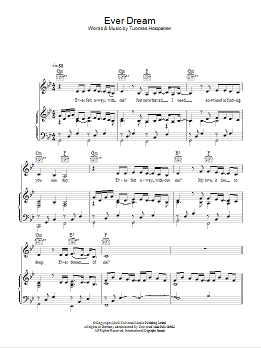 Download Nightwish Ever Dream Sheet Music and learn how to play Piano, Vocal & Guitar (Right-Hand Melody) PDF digital score in minutes
