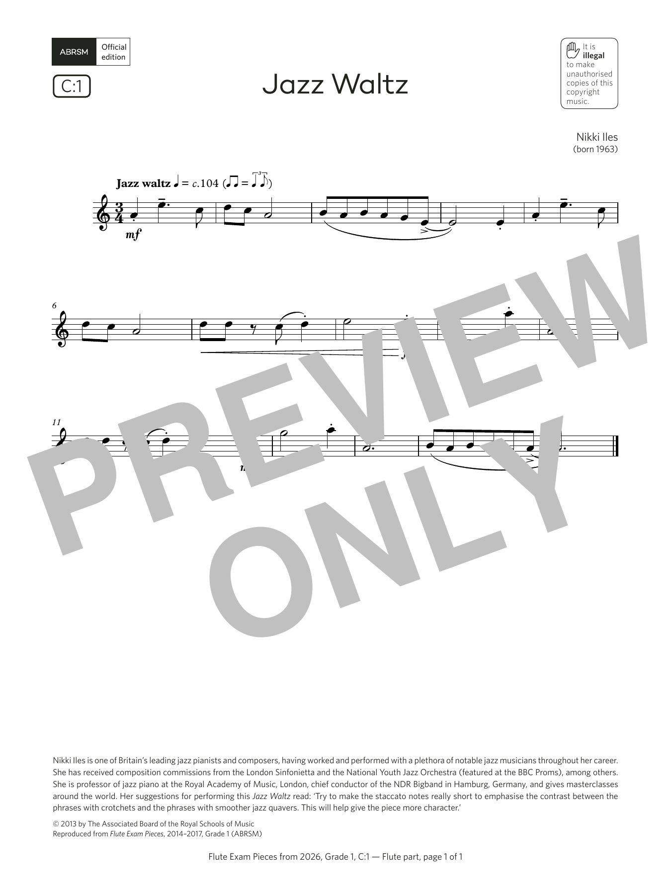 Download Nikki Iles Jazz Waltz (Grade 1, list C1, from the ABRSM Flute Syllabus from 2026) Sheet Music and learn how to play Flute Solo PDF digital score in minutes