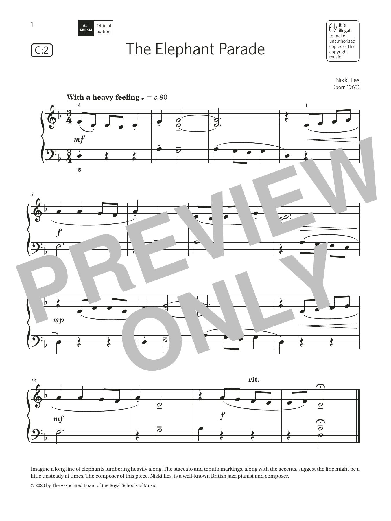 Download Nikki Iles The Elephant Parade (Grade Initial, list C2, from the ABRSM Piano Syllabus 2021 Sheet Music and learn how to play Piano Solo PDF digital score in minutes