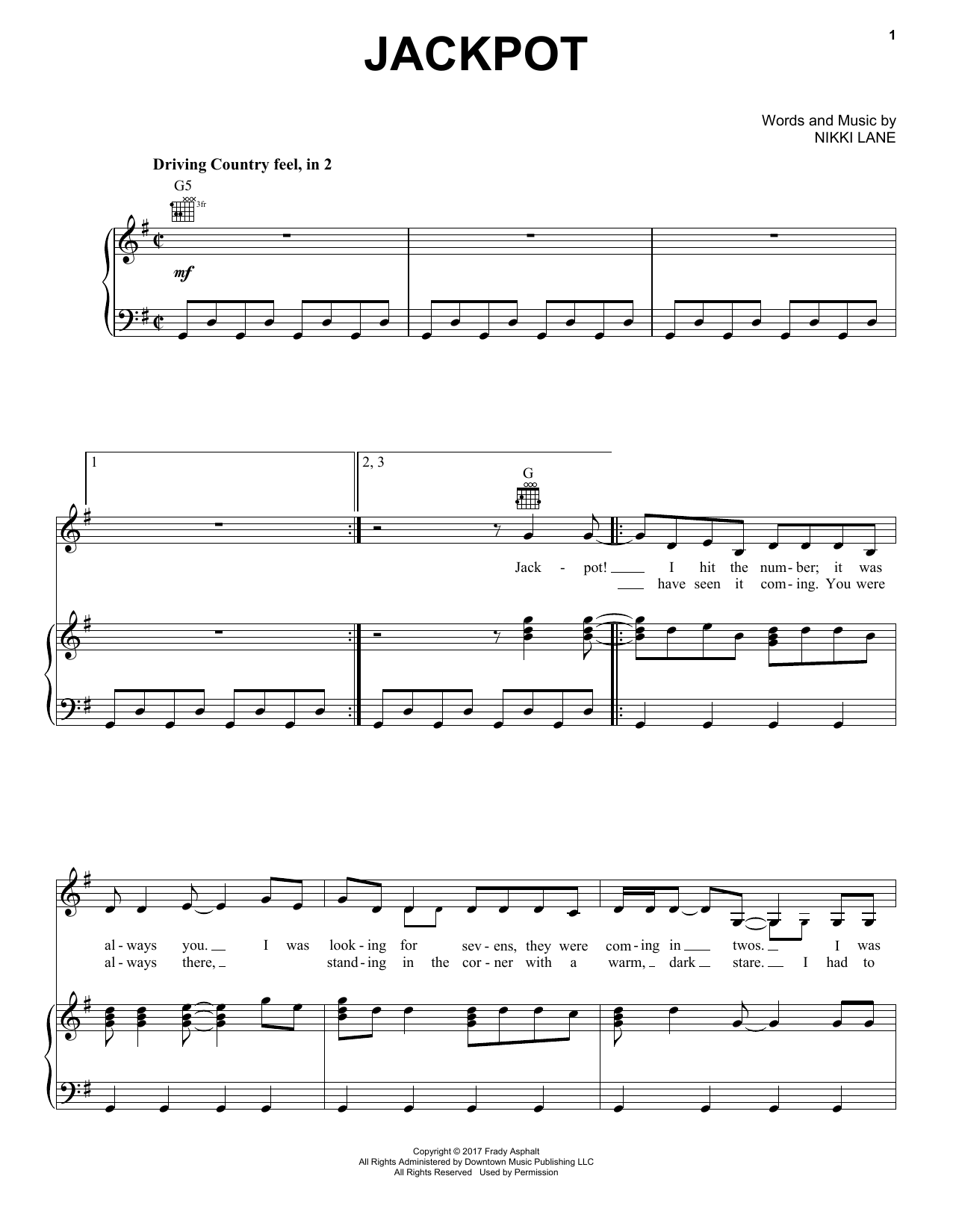 Download Nikki Lane Jackpot Sheet Music and learn how to play Piano, Vocal & Guitar Chords (Right-Hand Melody) PDF digital score in minutes