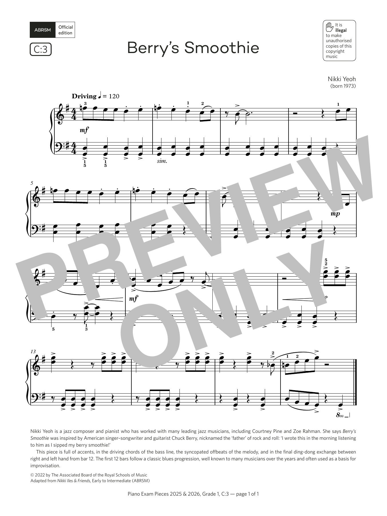 Download Nikki Yeoh Berry's Smoothie (Grade 1, list C3, from the ABRSM Piano Syllabus 2025 & 2026) Sheet Music and learn how to play Piano Solo PDF digital score in minutes